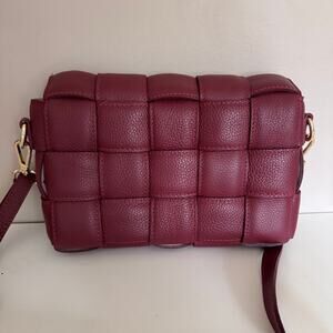 CHIARA FERRETTI Quilted Burgundy Red Leather Foldover Flap Woven Crossbody Purse